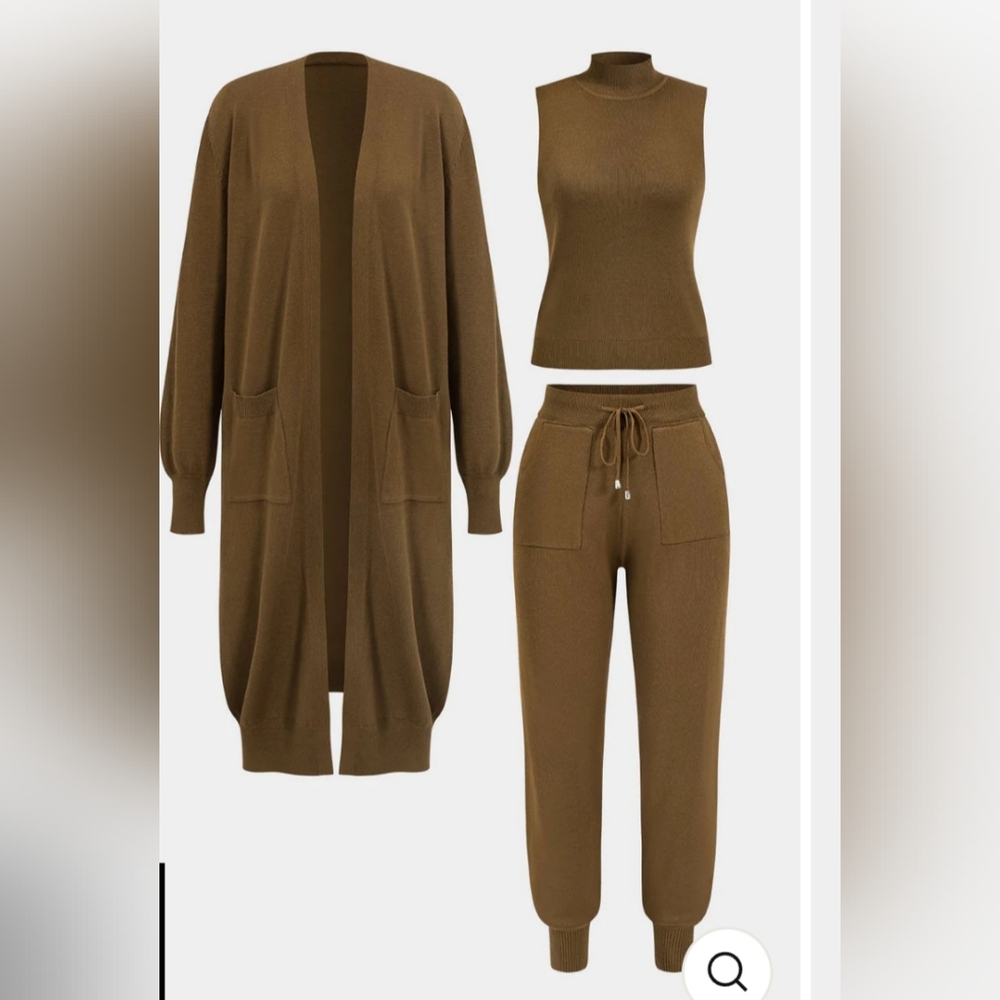 Women's 3 Pc Brown Knit Top, Cardigan and Pants Set